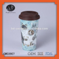 Taza de doble pared de 15 onzas, taza de cerámica con tapa, productos de diseño nuevo taza de cerámica de pared doble con tapas de silicona Imagen de impresión personalizada